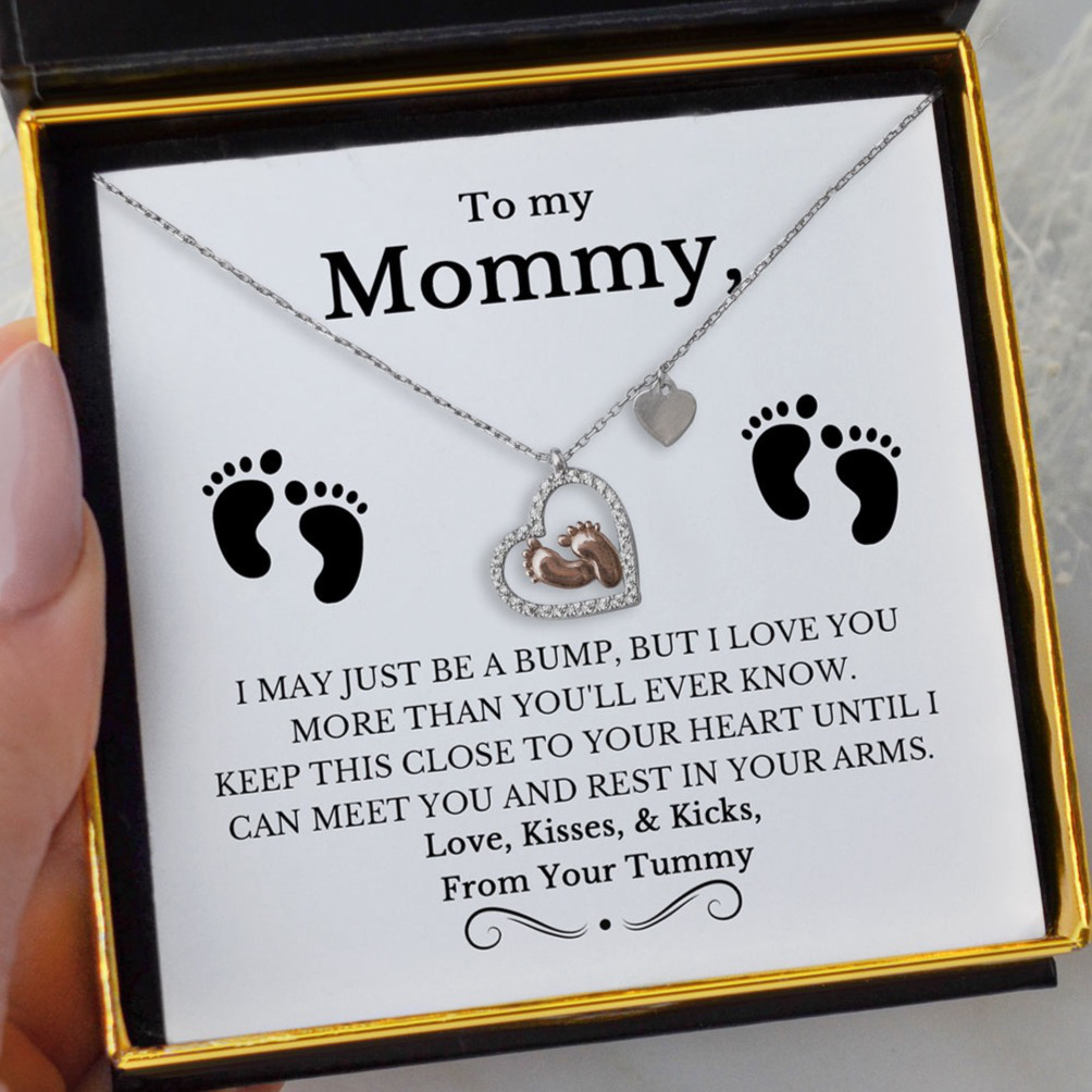 To My Mommy, I May Just Be a Bump - Baby Feet Heart Pendant Necklace Gift Set