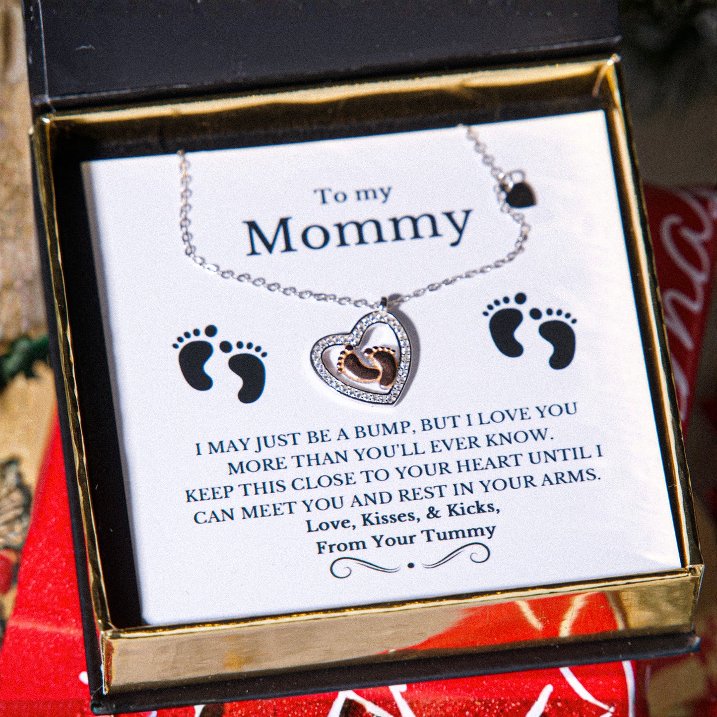 To My Mommy - Baby Feet Heart Pendant Necklace Gift Set
