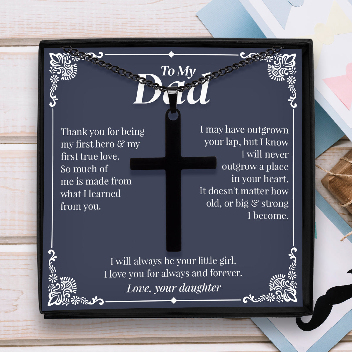 To My Dad, Thank You, From Your Daughter - Black Cross Necklace Gift Set