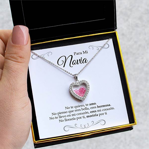 Para Mi Novia, Te Amo Shimmering Heart Pink Crystal Shaker Necklace Gift Set