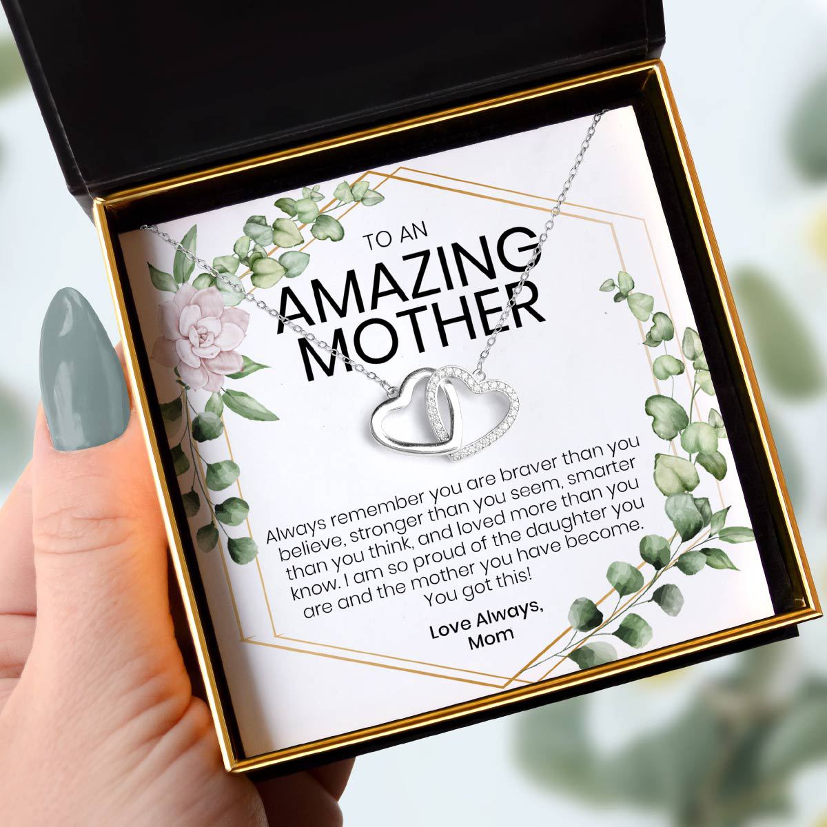 To An Amazing Mother, Always Remember - Sterling Silver Joined Hearts Necklace Gift Set