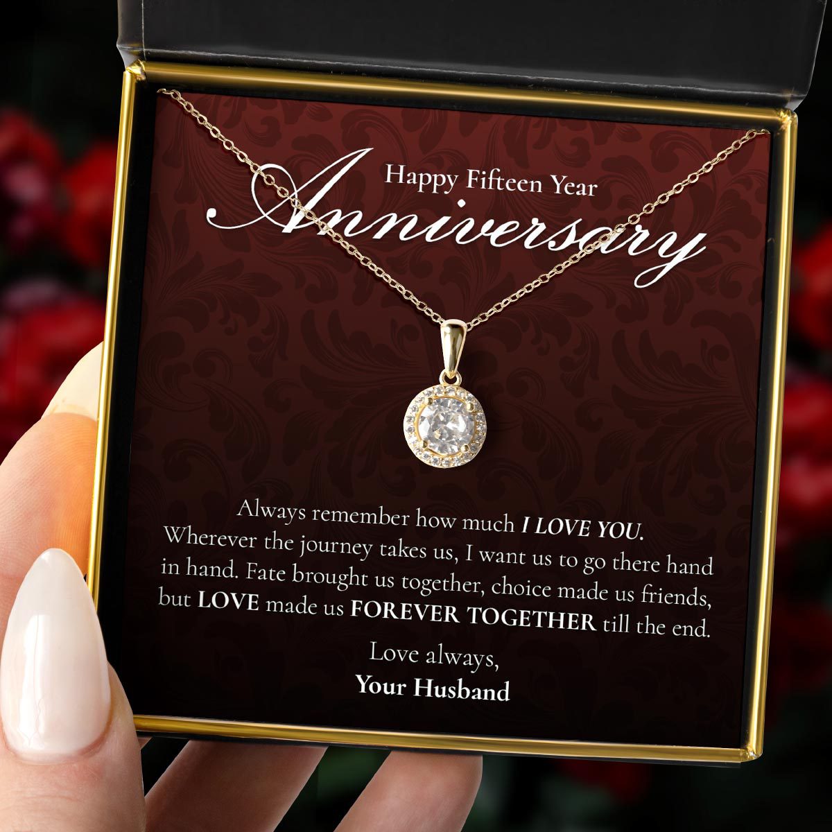 Happy Fifteen Year Anniversary - Classique Sterling Silver Halo Pendant Necklace Gift Set