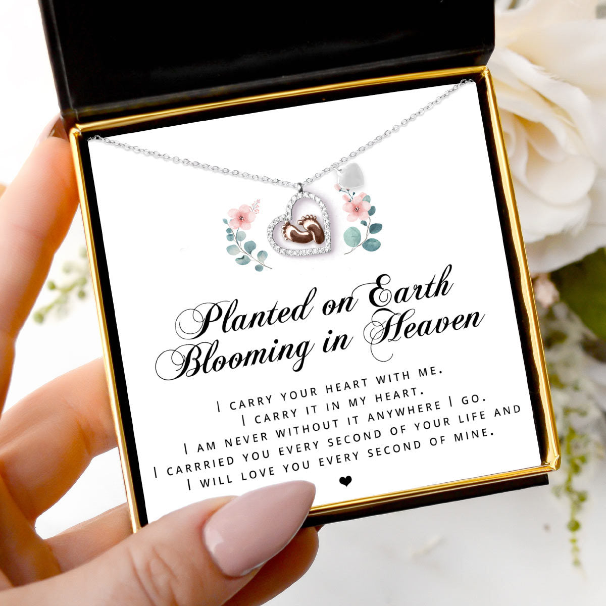 Planted on Earth, Blooming in Heaven - Baby Feet Heart Pendant Necklace Gift Set