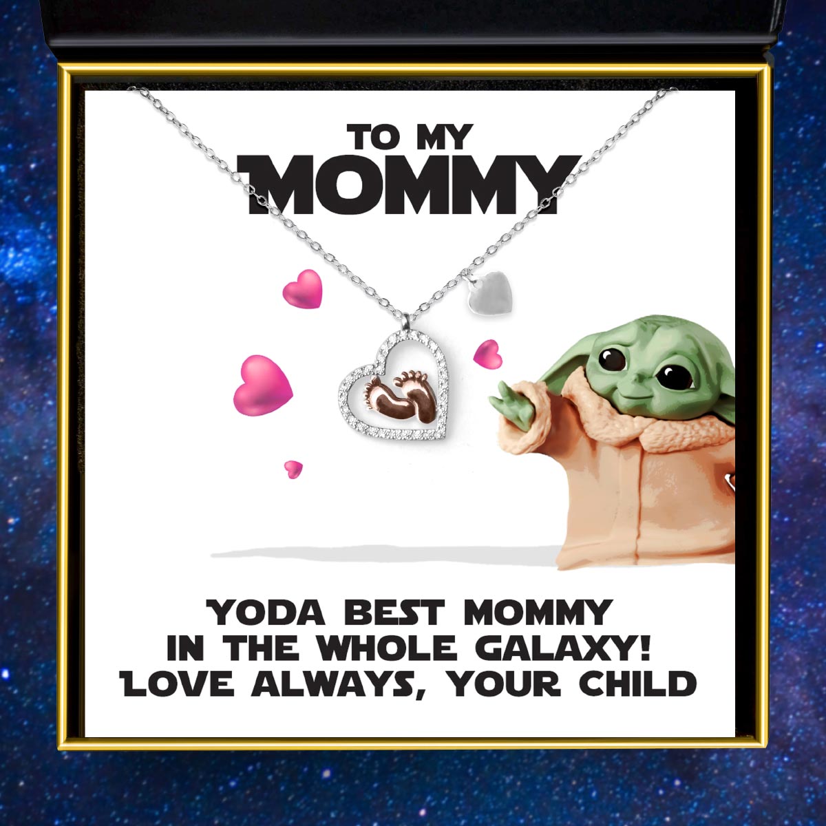 To My Mommy (Levitation Yoda) - Baby Feet Heart Pendant Necklace Gift Set
