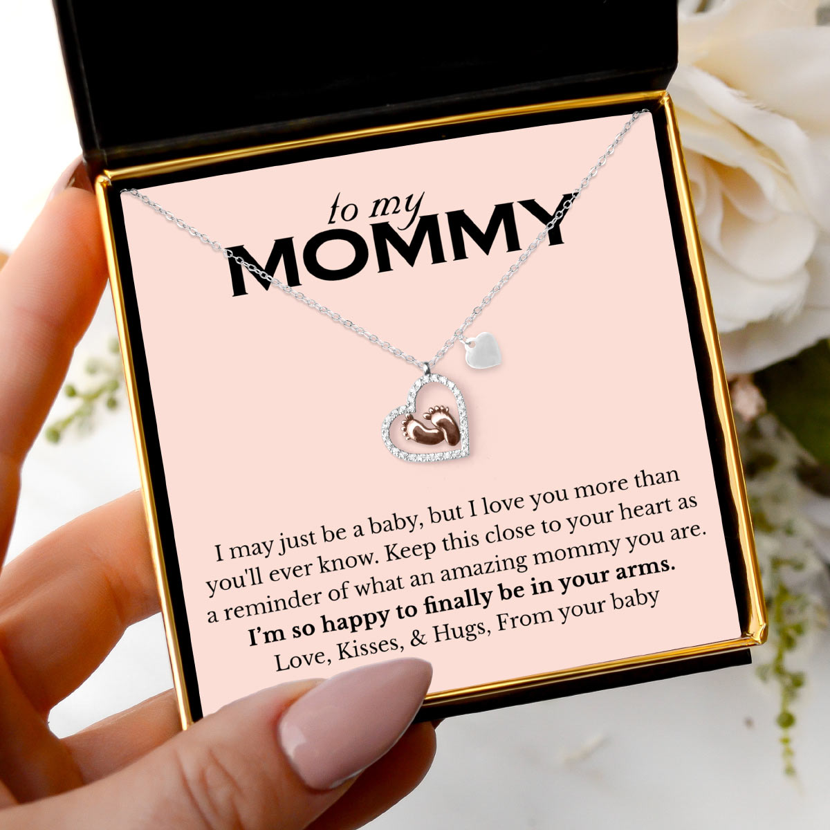 To My Mommy, Finally in your Arms (Pink Edition) - Baby Feet Necklace Gift Set