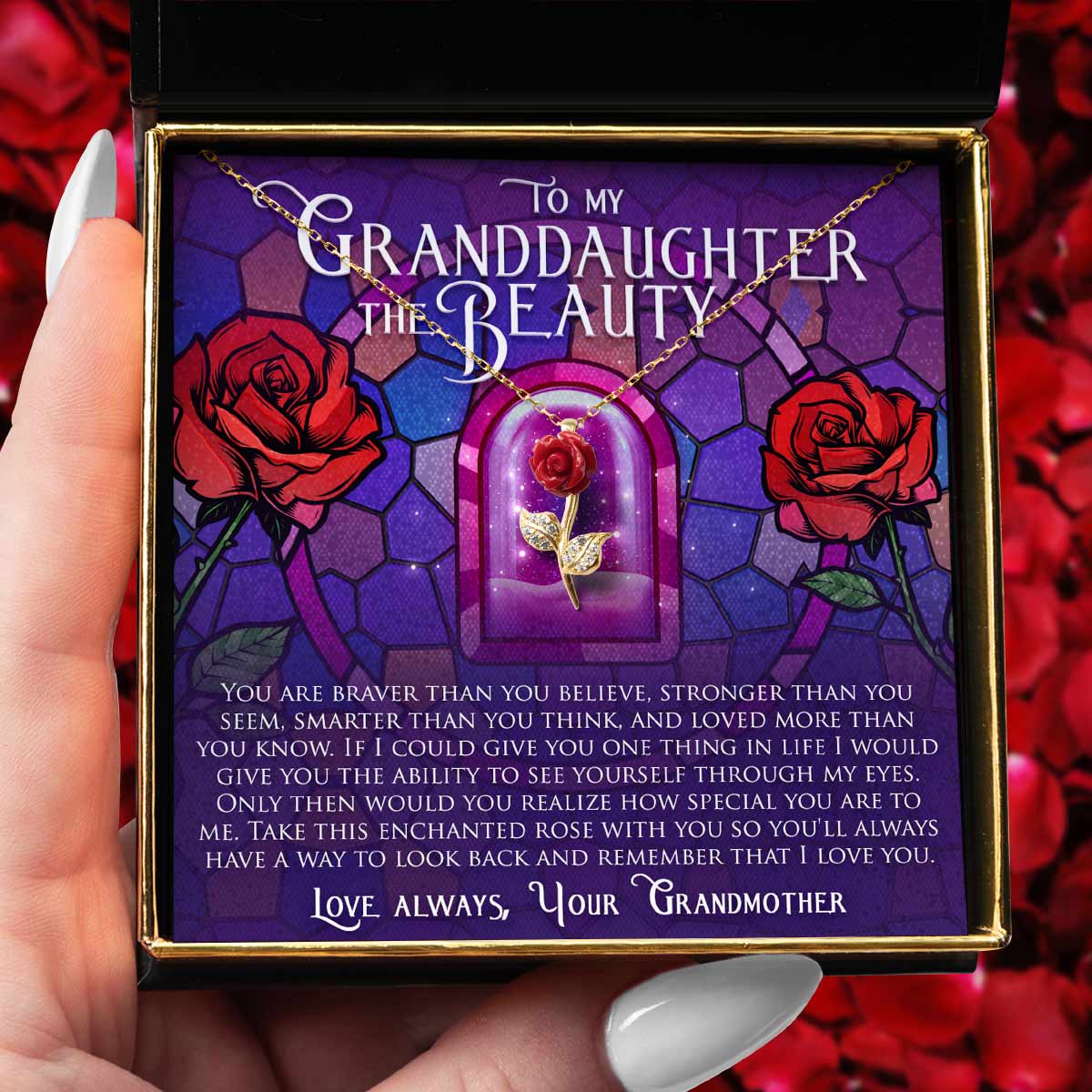 To My Granddaughter the Beauty - Red Rose Necklace Gift Set