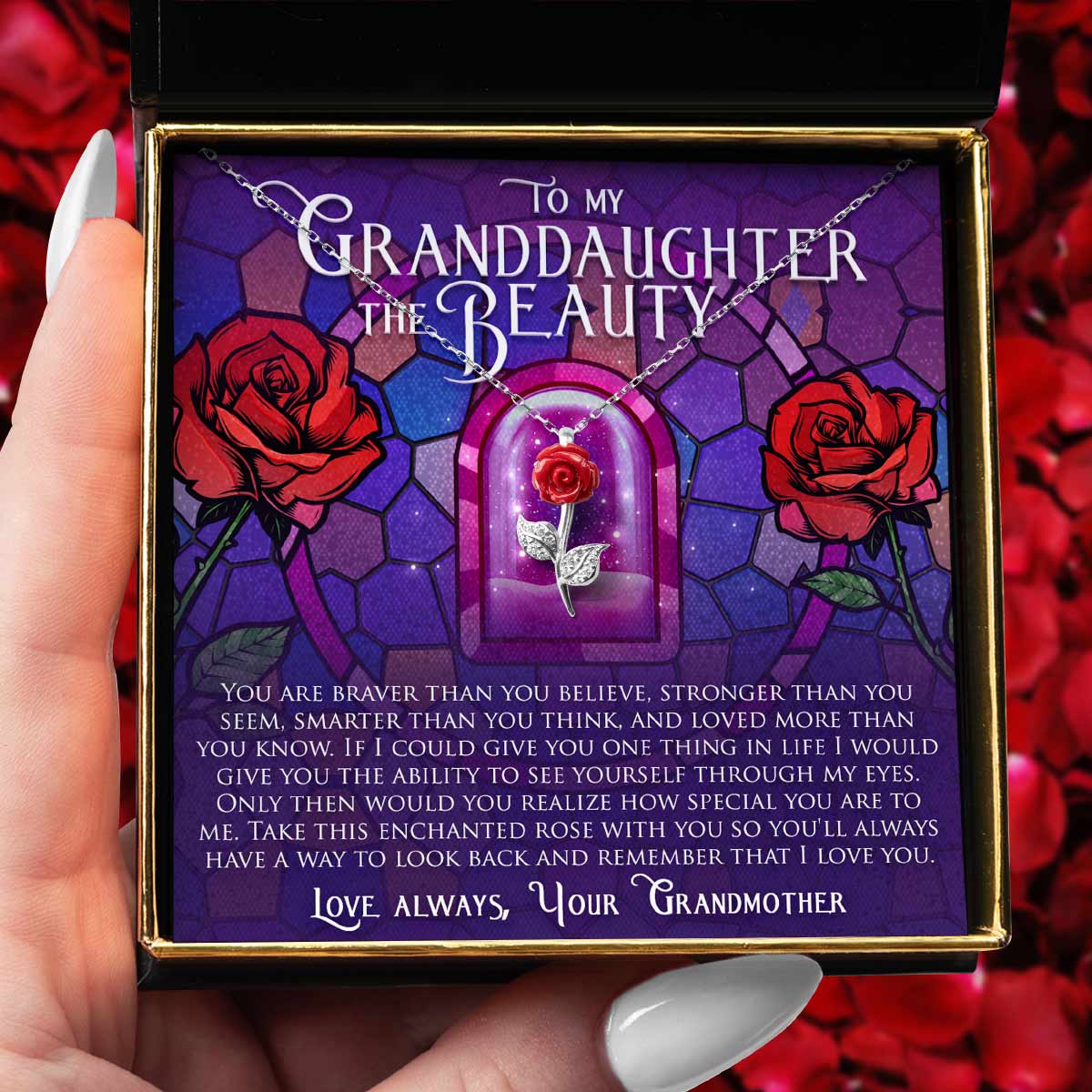 To My Granddaughter the Beauty - Red Rose Necklace Gift Set