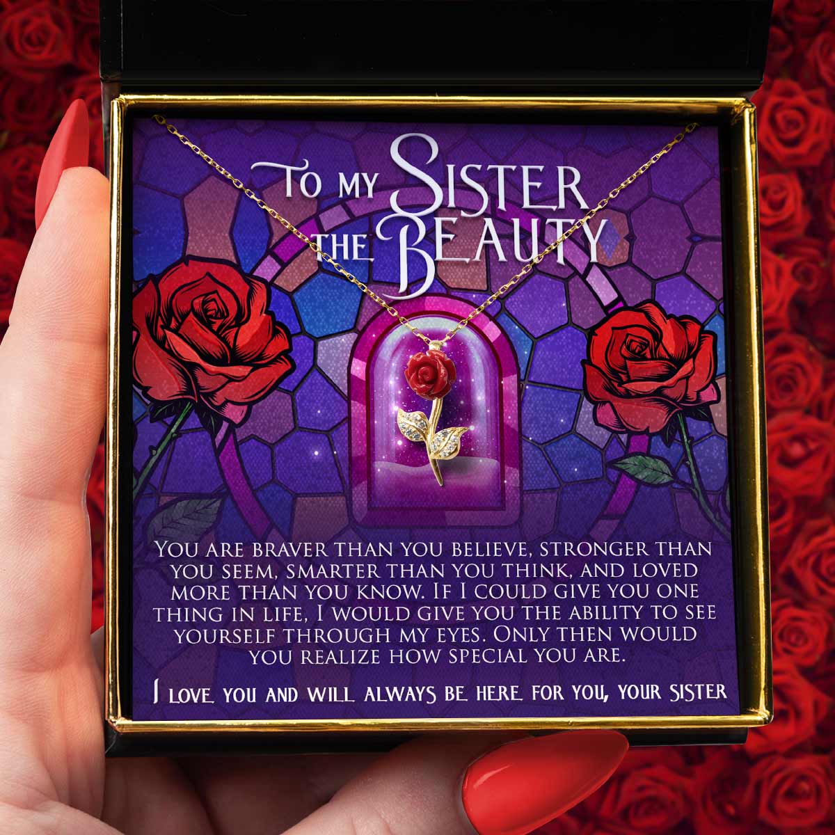 To My Sister the Beauty, From Your Sister - Red Rose Necklace Gift Set