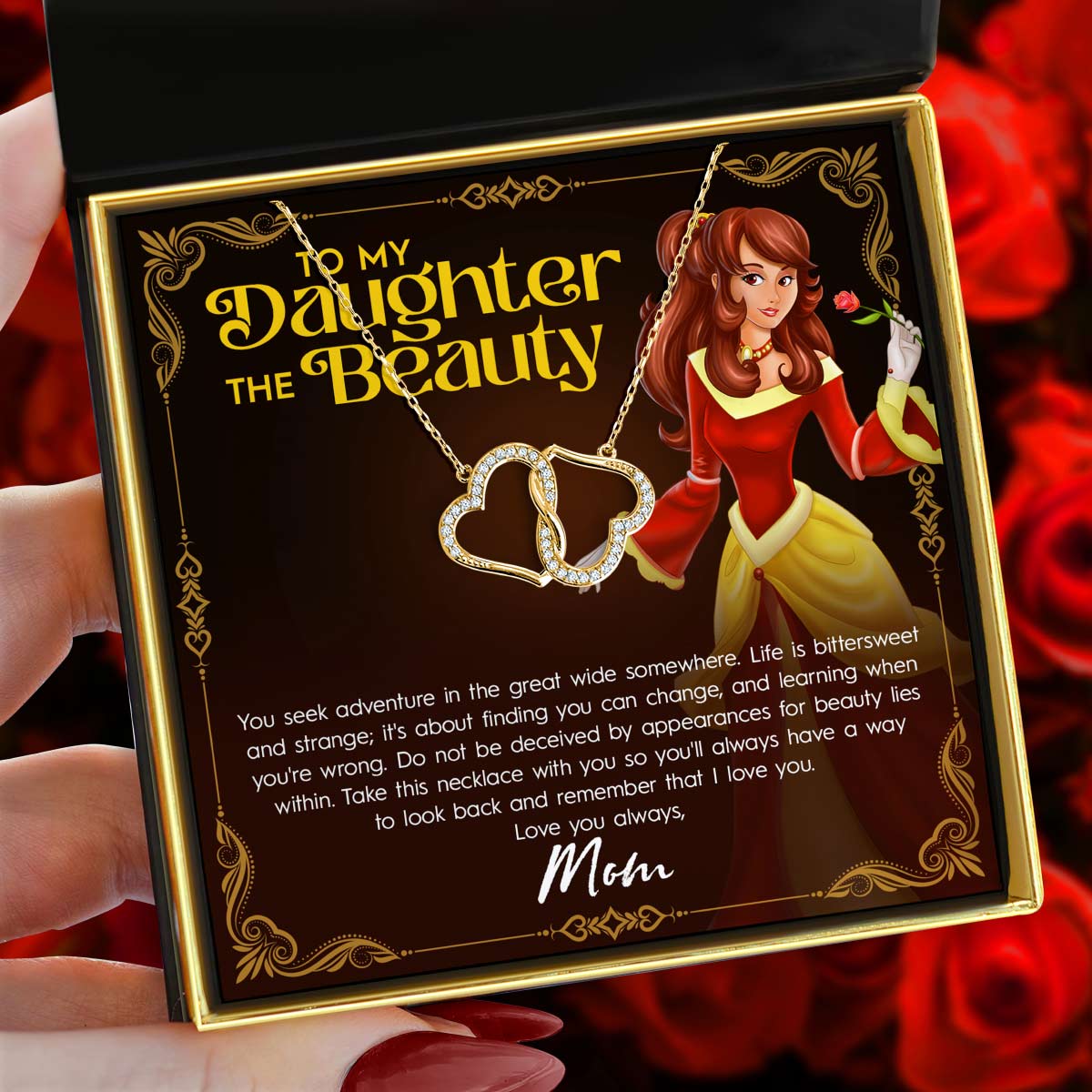 To My Daughter the Beauty, From Mom - Joined Hearts Gold Necklace Gift Set