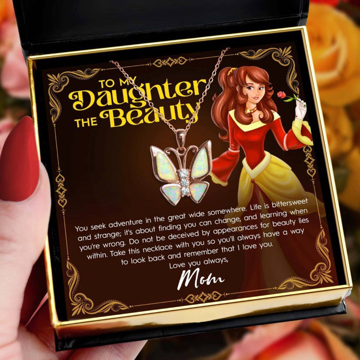 To My Daughter the Beauty, From Mom - Fire Opal Butterfly Rose Gold Necklace Gift Set