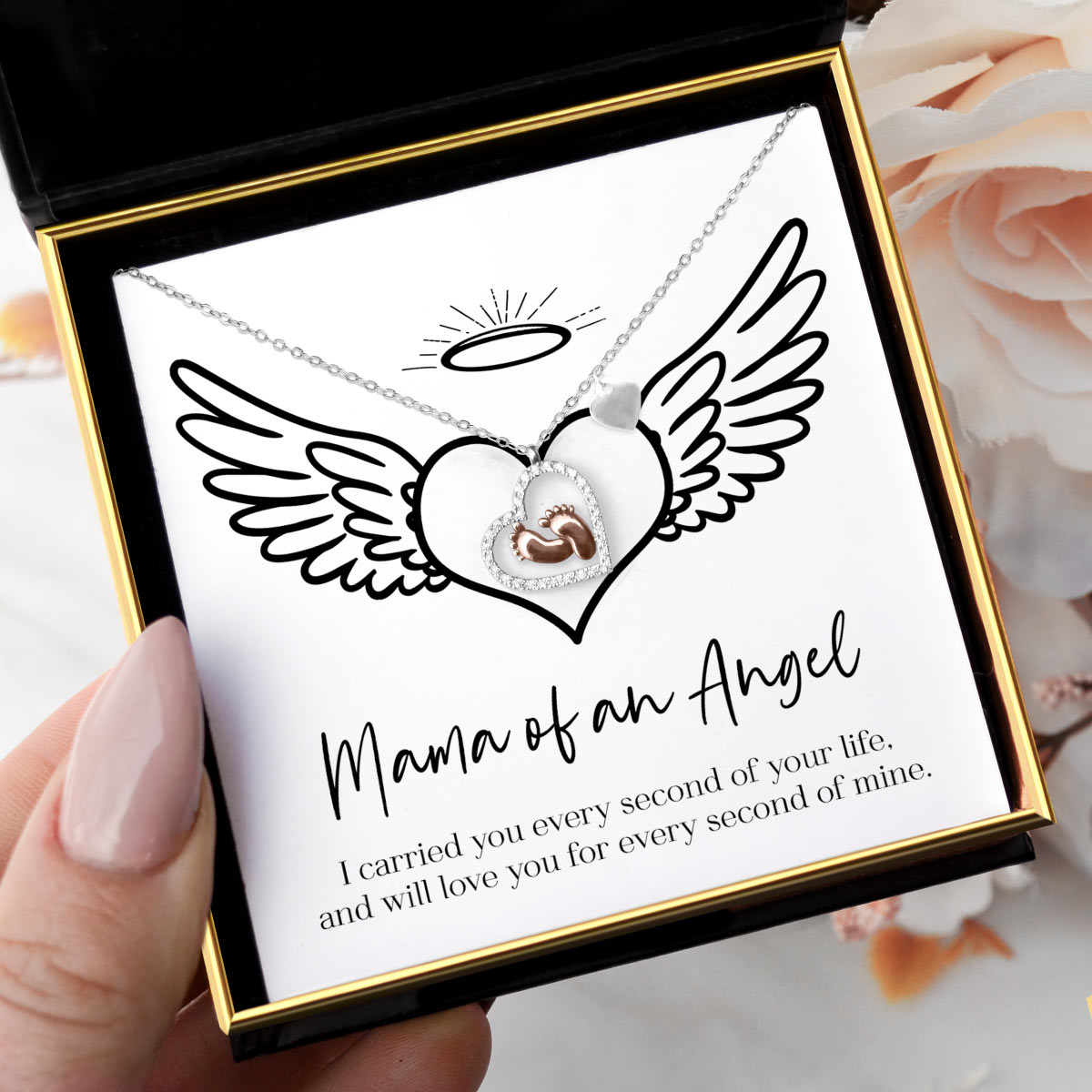 Mama Of An Angel - Baby Feet Heart Pendant Necklace Gift Set
