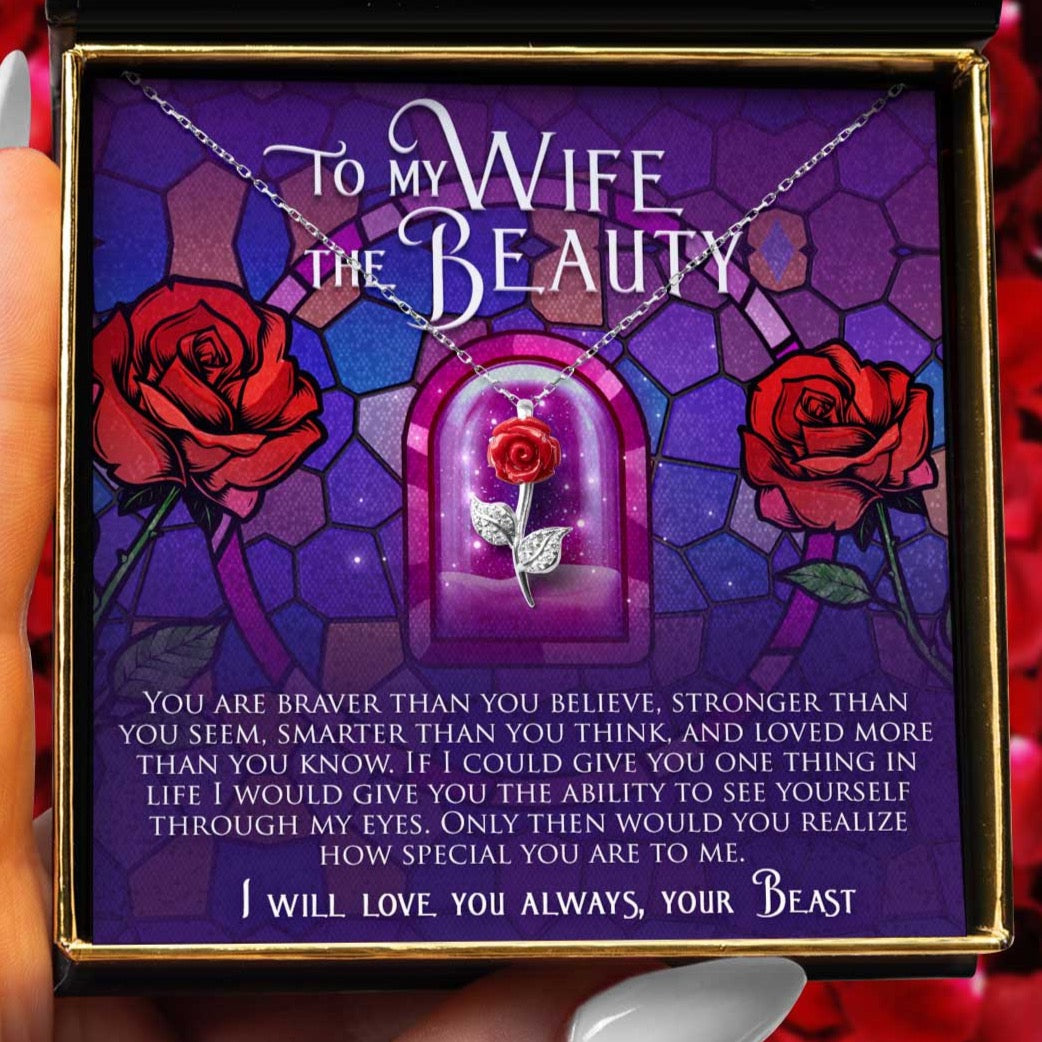 To My Wife the Beauty, From Your Beast - Red Rose Necklace Gift Set