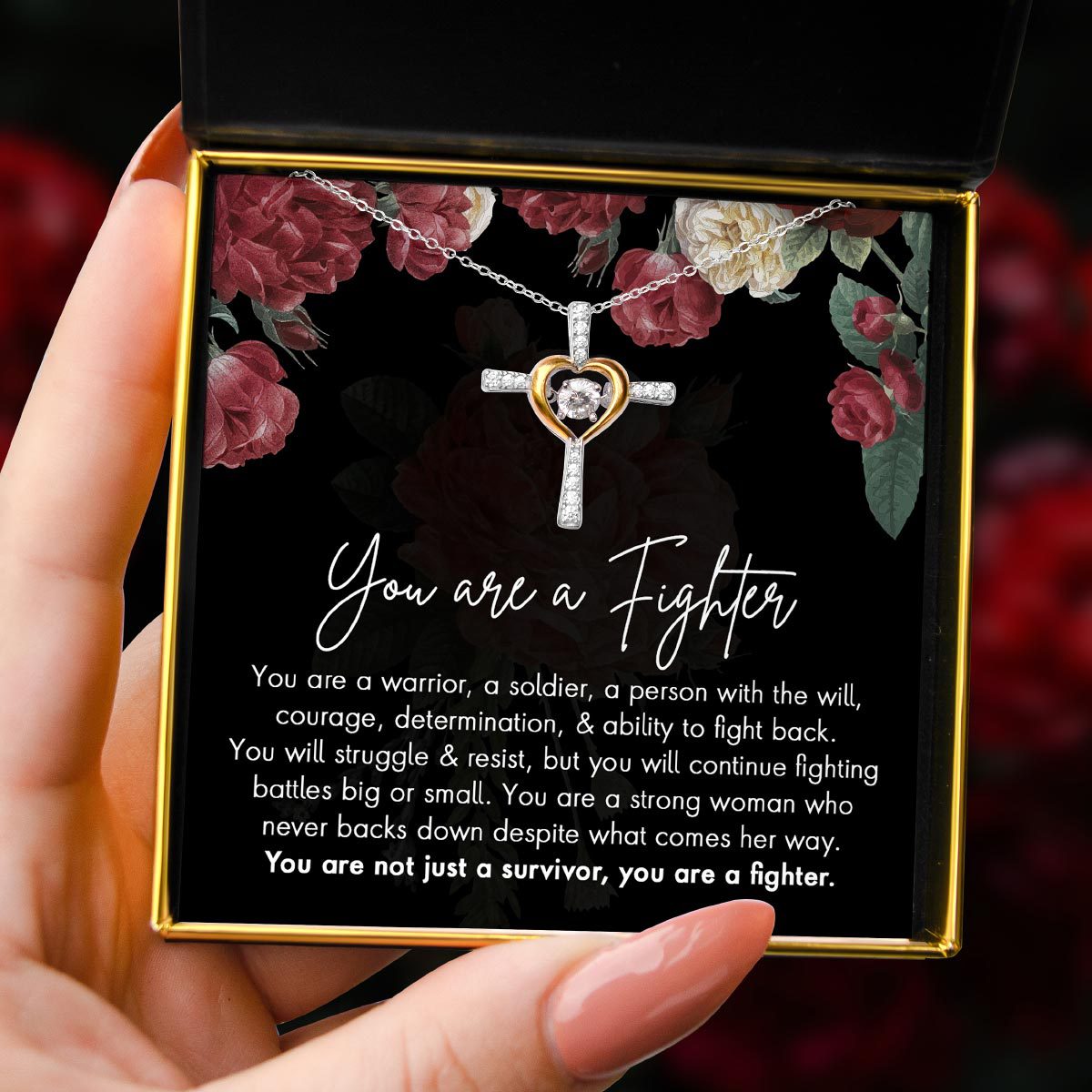 You Are A Fighter - Dancing Crystal Heart Cross Necklace Gift Set