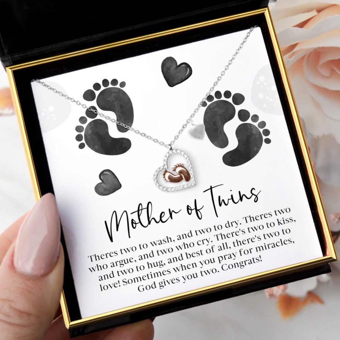 Mother of Twins - Baby Feet Heart Pendant Necklace Gift Set