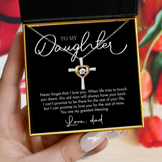 To My Daughter, Love Dad - Dancing Crystal Heart Cross Necklace Gift Set