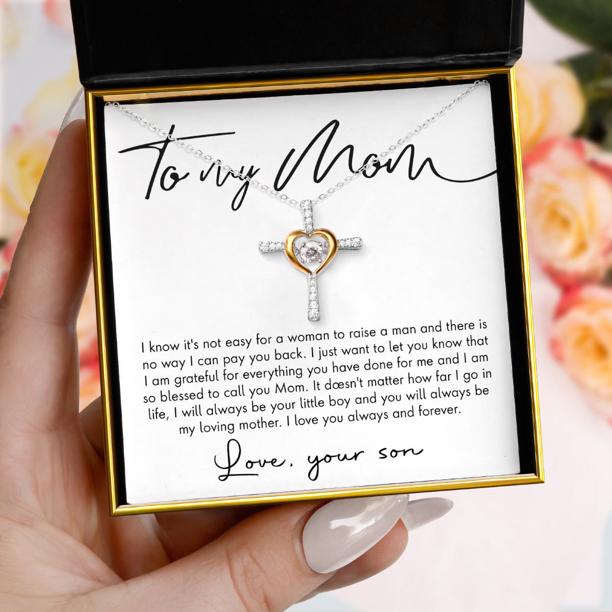 To My Mom, Love Your Son - Dancing Crystal Heart Cross Necklace Gift Set