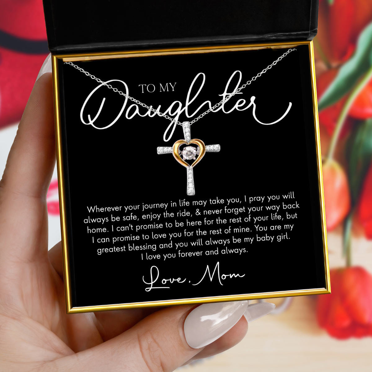 To My Daughter, Love Mom - Dancing Crystal Heart Cross Necklace Gift Set
