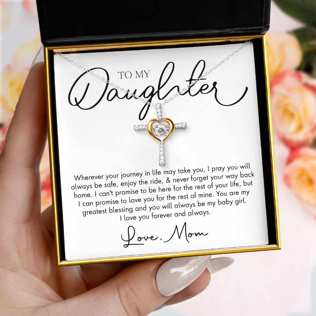 To My Daughter, Love Mom - Dancing Crystal Heart Cross Necklace Gift Set