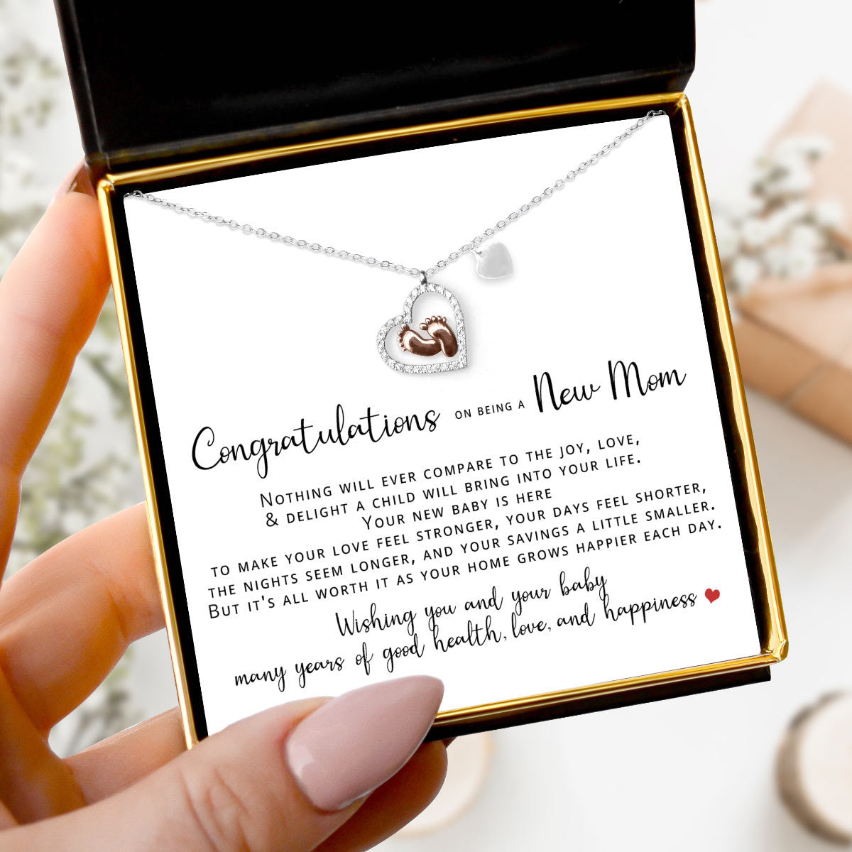 Congrats on Being a New Mom - Baby Feet Heart Pendant Necklace Gift Set