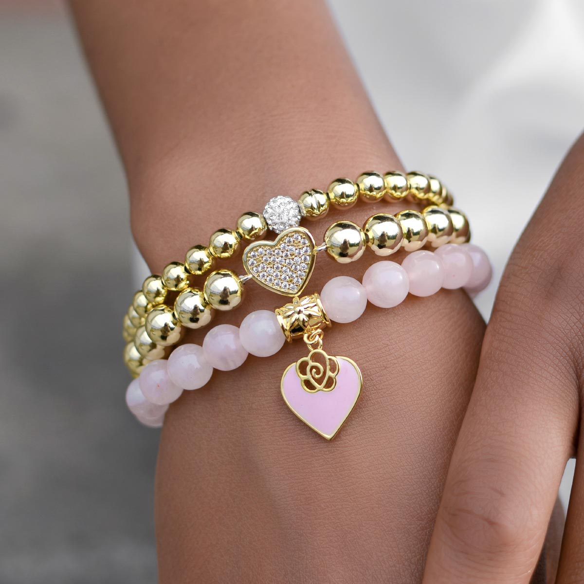 Pink Rose Beaded Bracelet Set