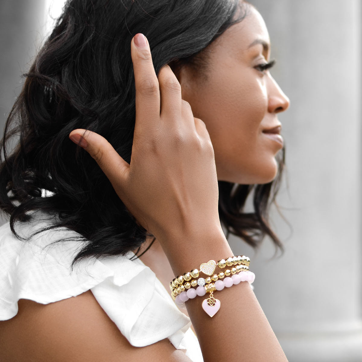 Pink Rose Beaded Bracelet Set