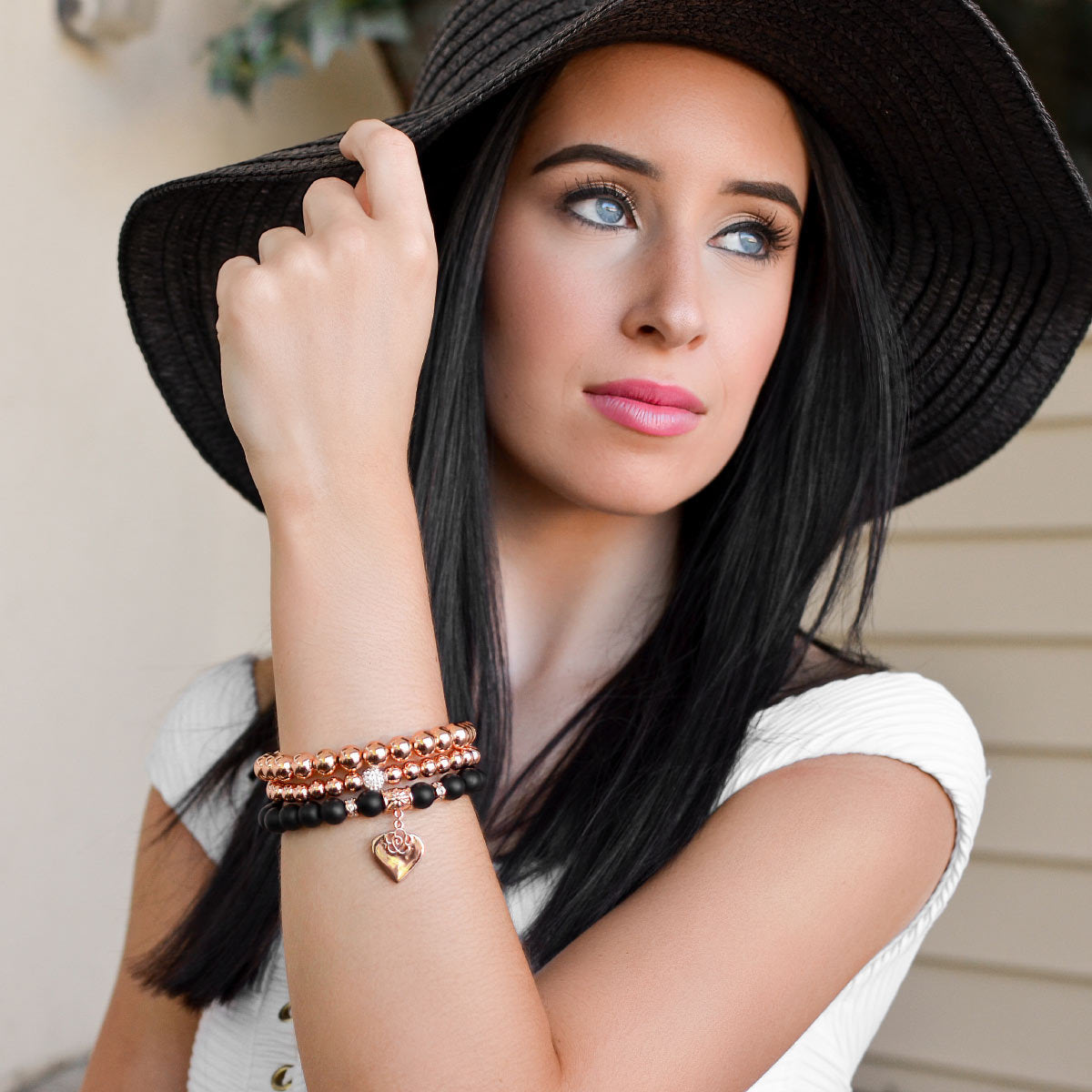 Black Rose Beaded Bracelet Set