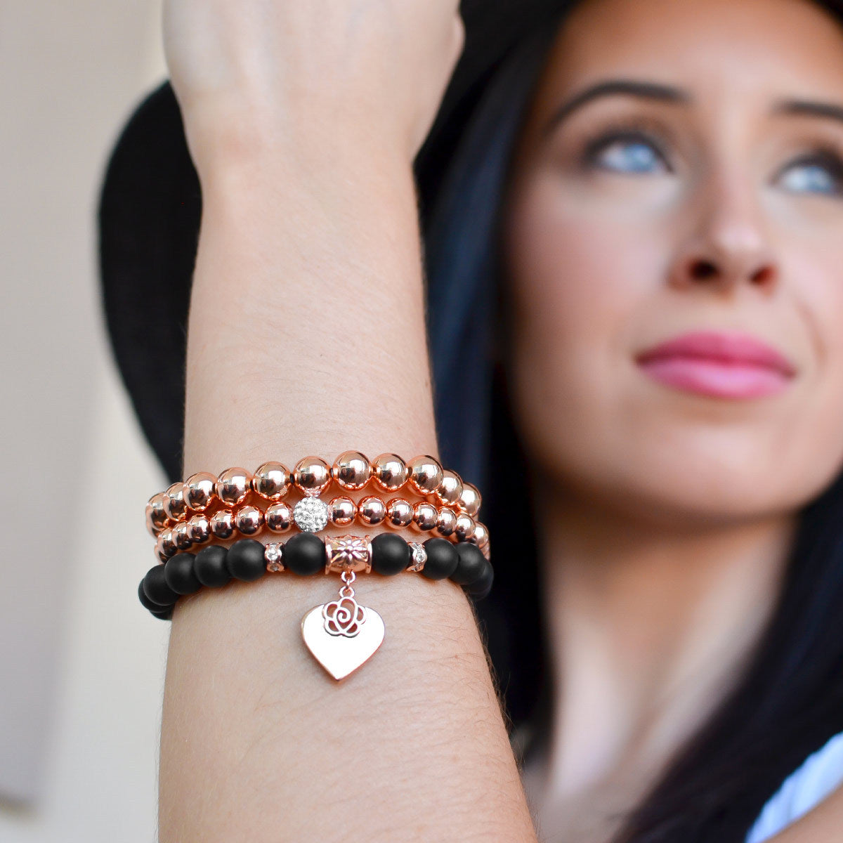 Black Rose Beaded Bracelet Set