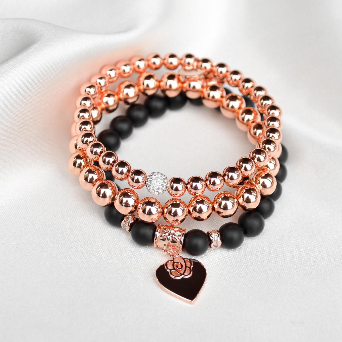 Black Rose Beaded Bracelet Set