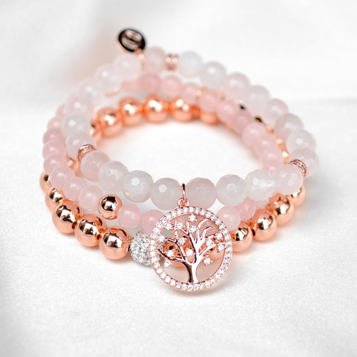 Lovingly Rose Quartz Tree of Life Charm Bracelet Set