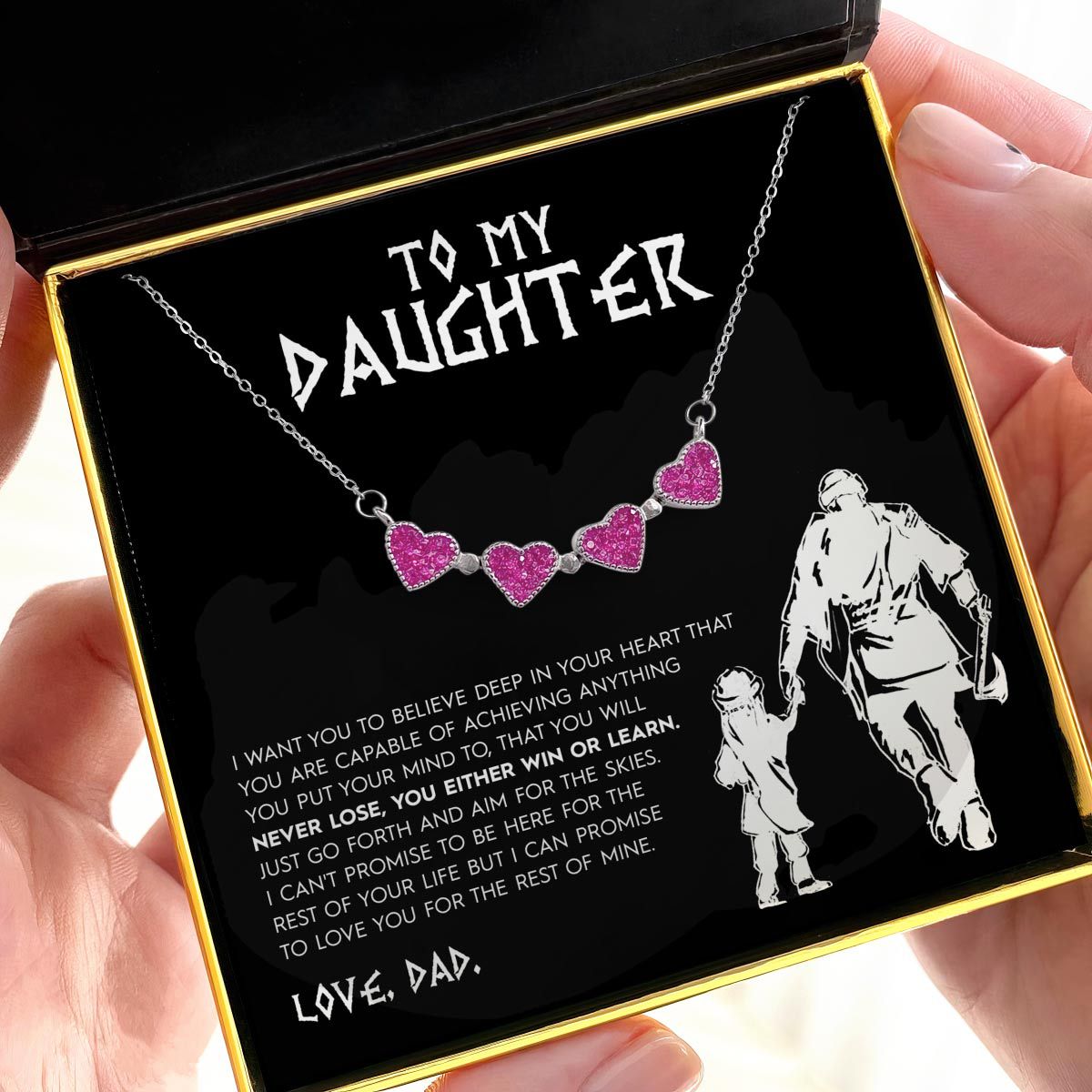 To My Daughter, Love Dad (Gladiator Card) - Pink Magnetic Hearts Clover Necklace Gift Set