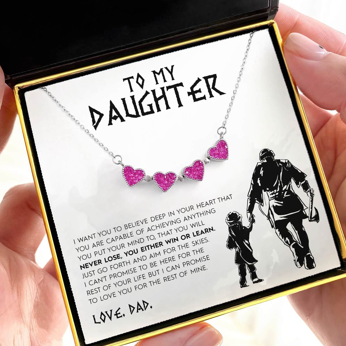 To My Daughter, Love Dad (Gladiator Card) - Pink Magnetic Hearts Clover Necklace Gift Set