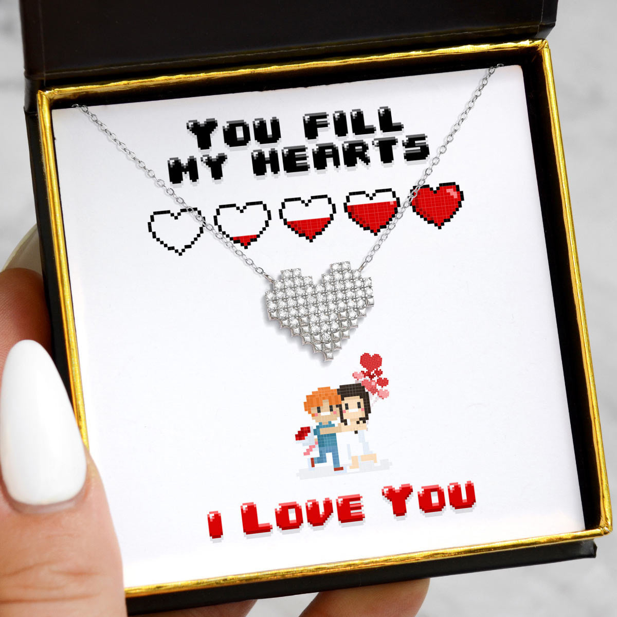 You Fill My Hearts - Sterling Silver Pixel Heart Necklace Gift Set