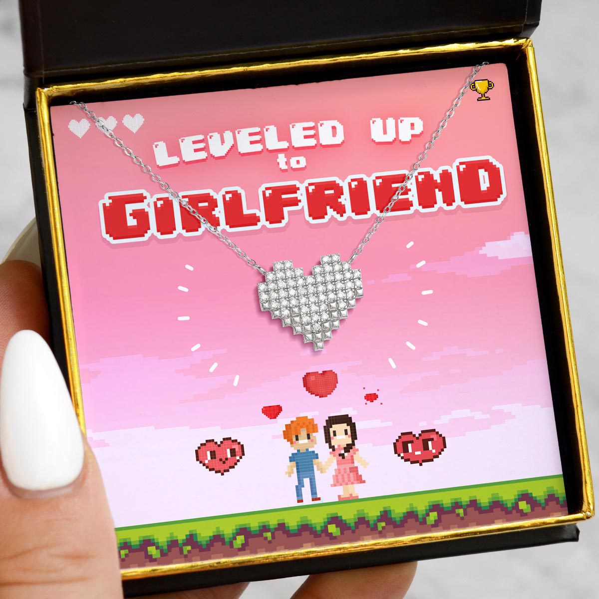 Leveled Up to Girlfriend - Sterling Silver Pixel Heart necklace Gift Set