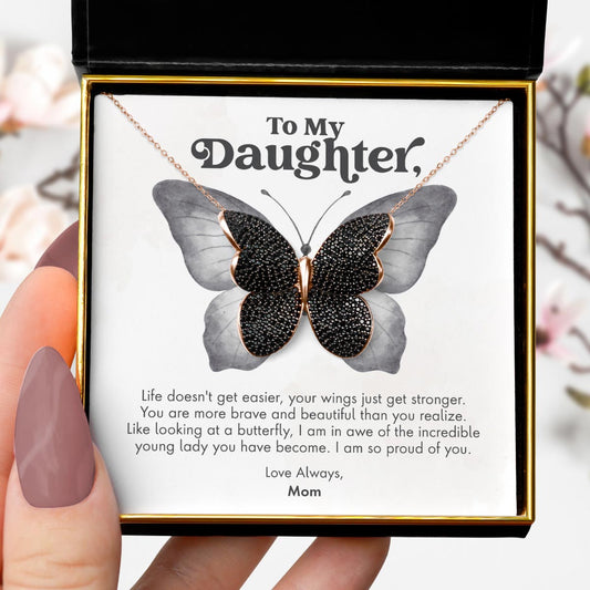 To My Daughter, Strong Wings - Black Crystal Butterfly Necklace Gift Set