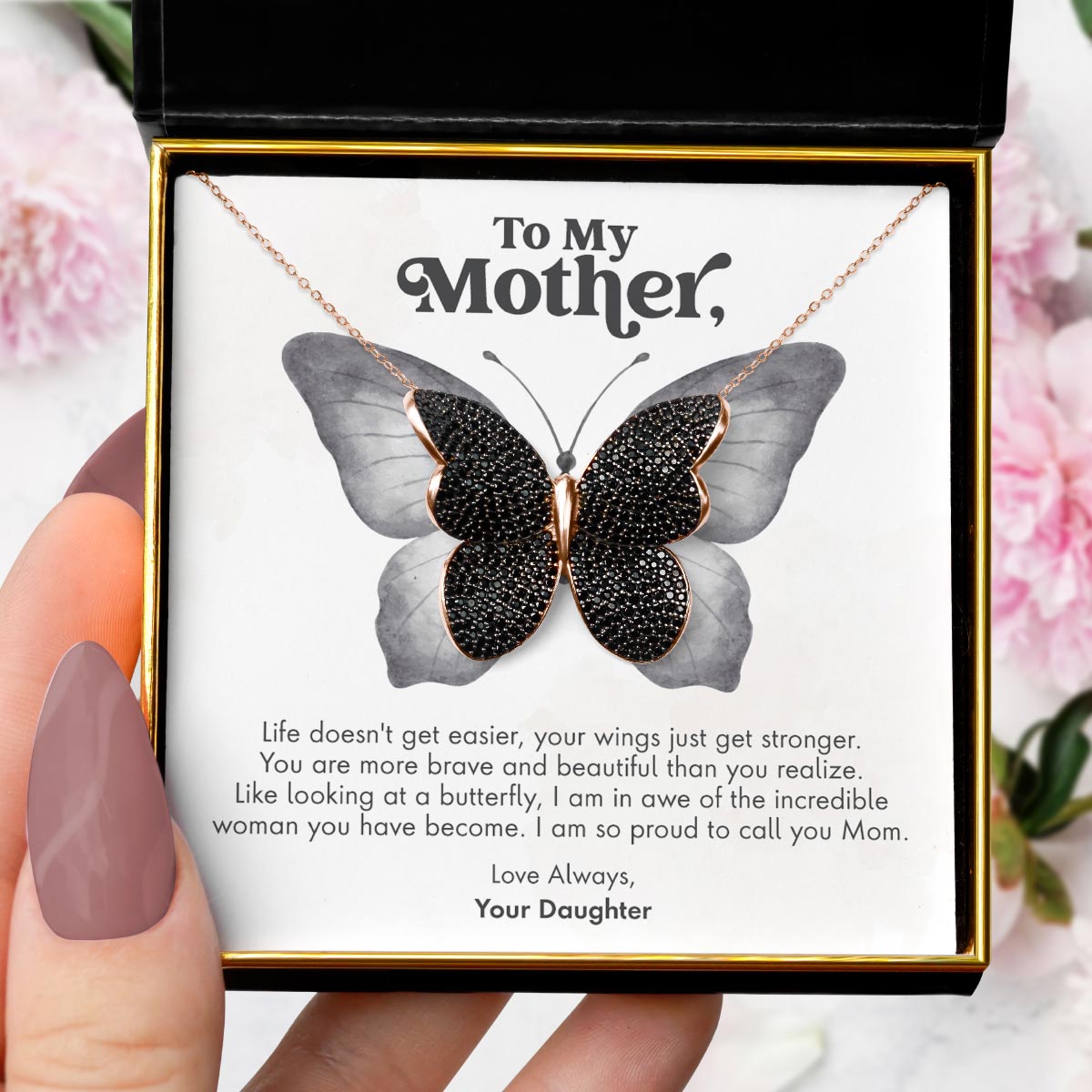 To My Mother, Strong Wings - Black Crystal Butterfly Necklace Gift Set
