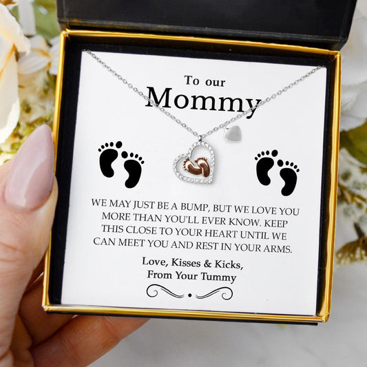 To Our Mommy (Twins Version) - Baby Feet Heart Pendant Necklace Gift Set