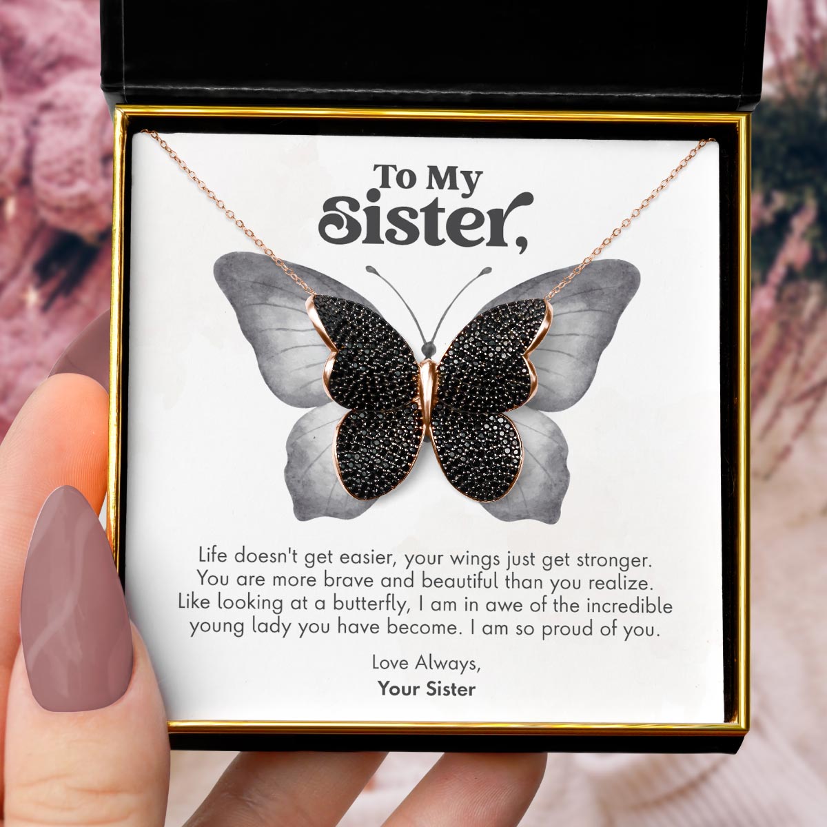 To My Sister, Strong Wings - Black Crystal Butterfly Necklace Gift Set