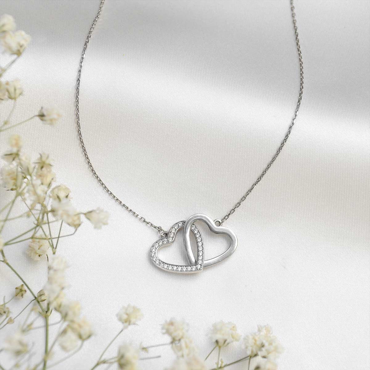 Connected By Hearts - Sterling Silver Joined Hearts Crystal Necklace