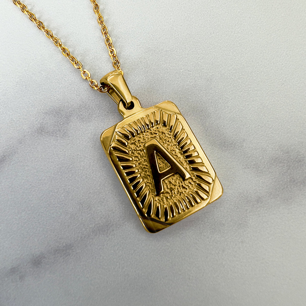 Golden Goddess Rectangle Initial Pendant Necklace