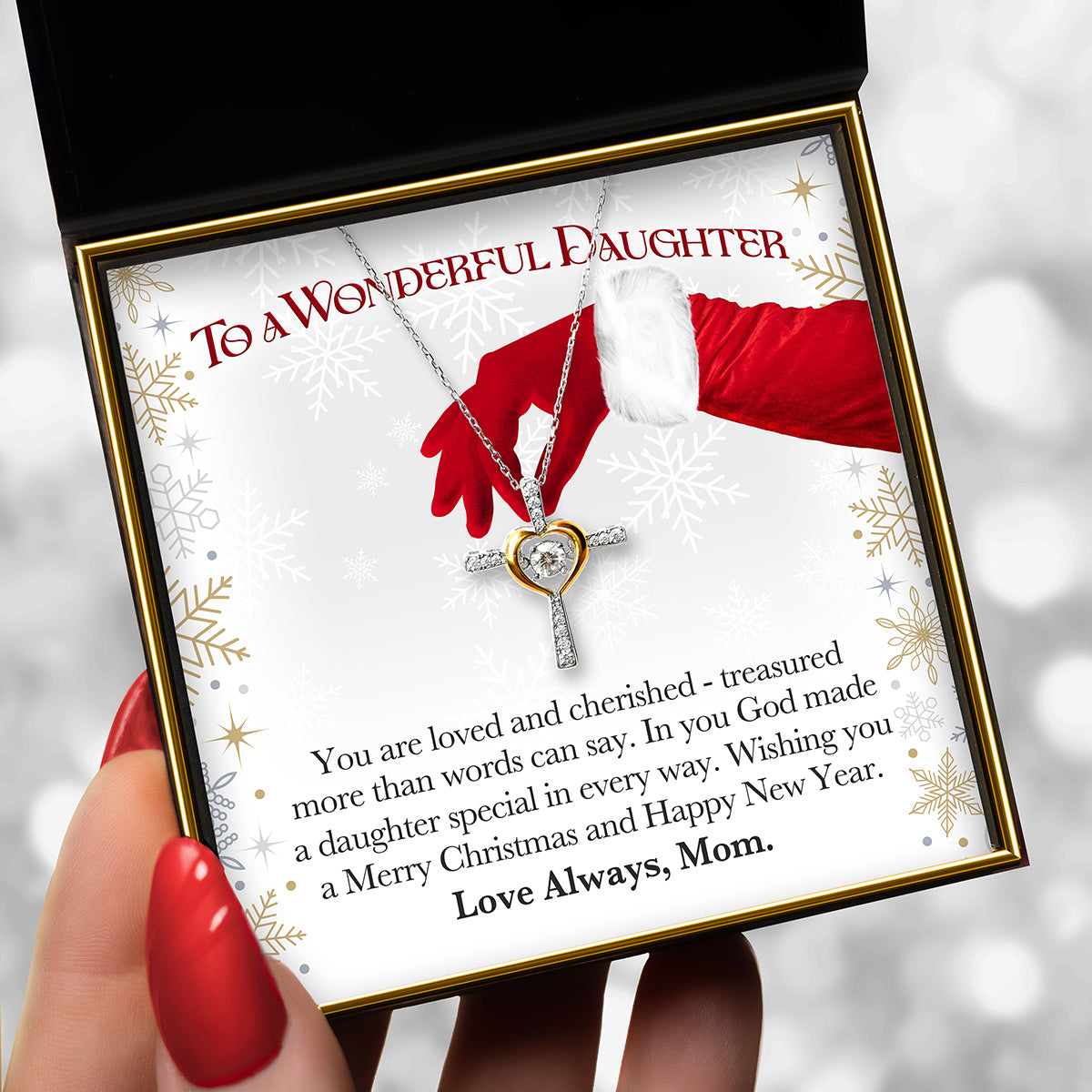To a Wonderful Daughter, Loved and Cherished (Holiday Card) - Dancing Crystal Cross Necklace