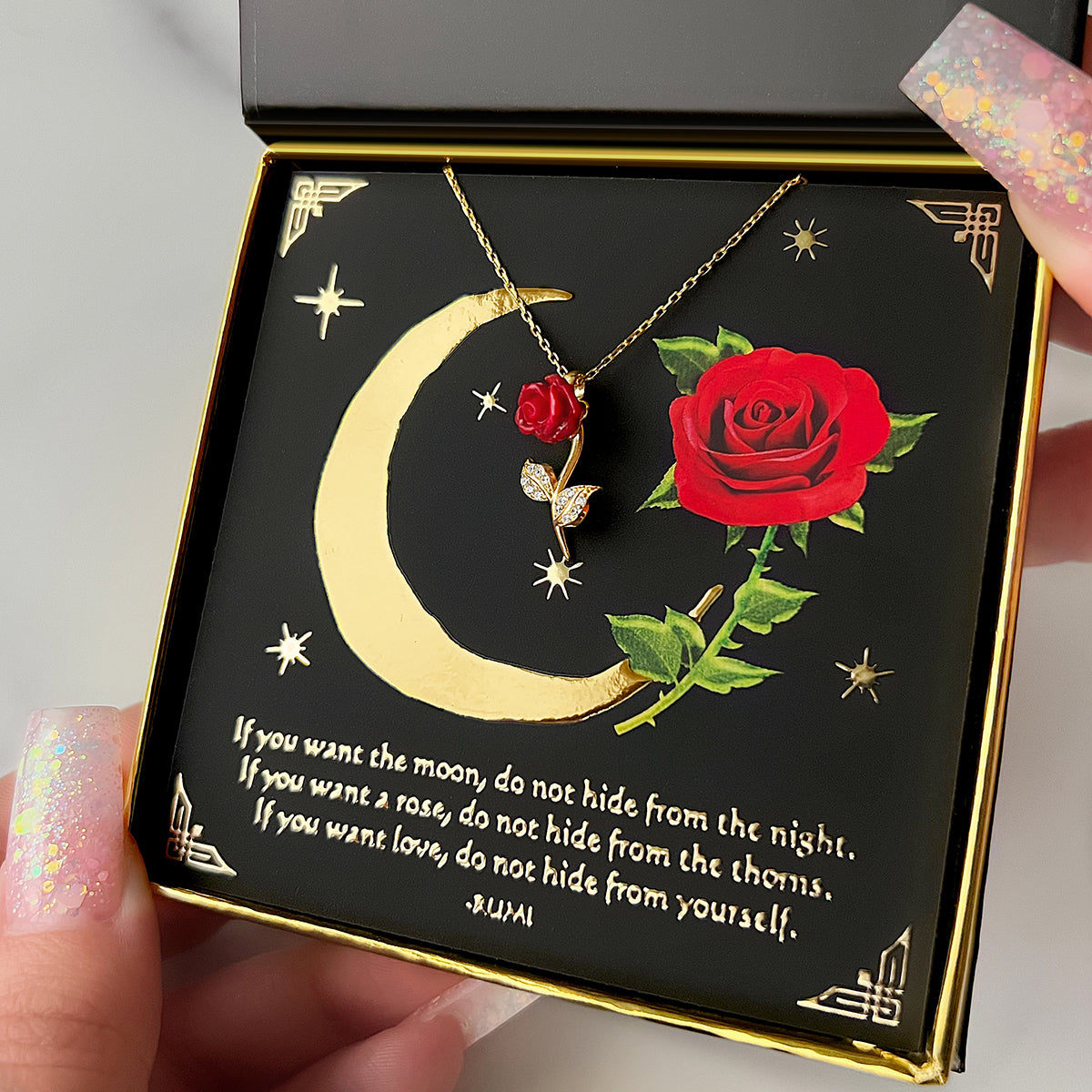 Don't Hide From Thorns (Gold Card) - Red Rose Necklace Gift Set