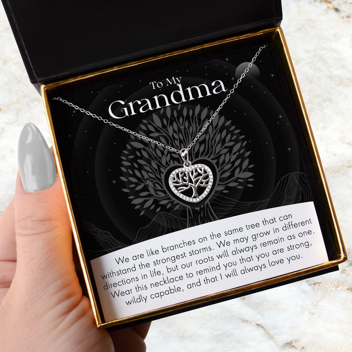 To My Grandma - Strong Roots - Tree of Life Mini Heart Pendant Necklace Gift Set