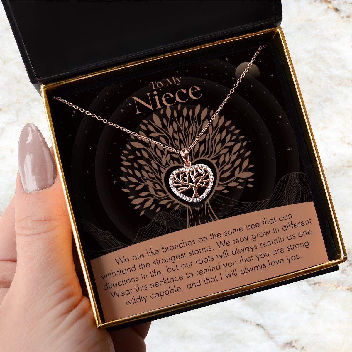 To My Niece - Strong Roots - Tree of Life Mini Heart Pendant Necklace Gift Set
