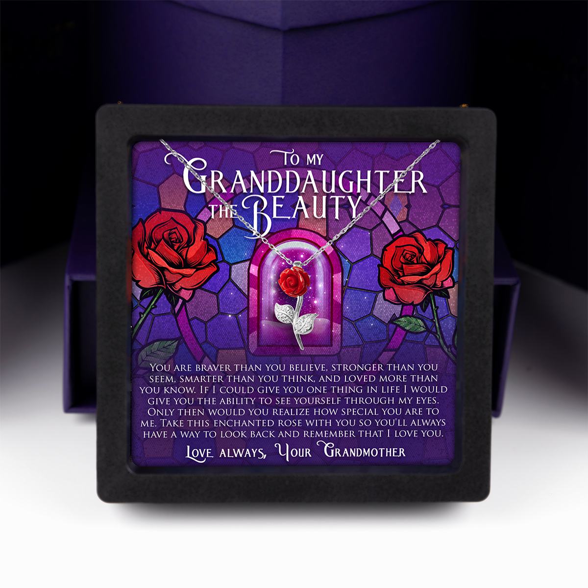 Enchantment Gift Box - To My Granddaughter the Beauty - Red Rose Necklace Gift Set