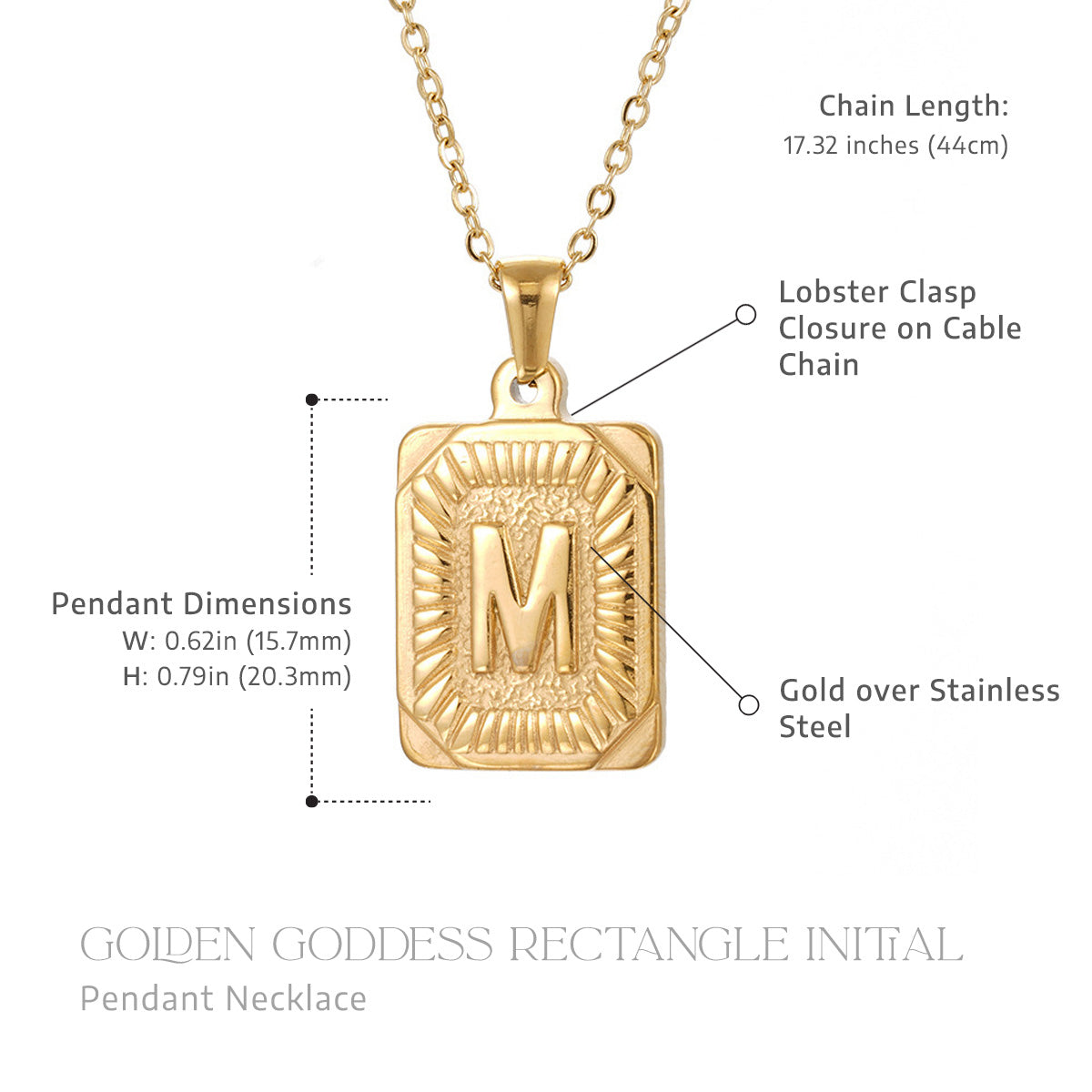 Golden Goddess Rectangle Initial Pendant Necklace