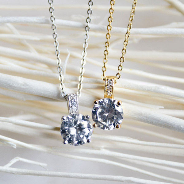 Classique Sterling Silver Pave Solitaire Pendant Necklace