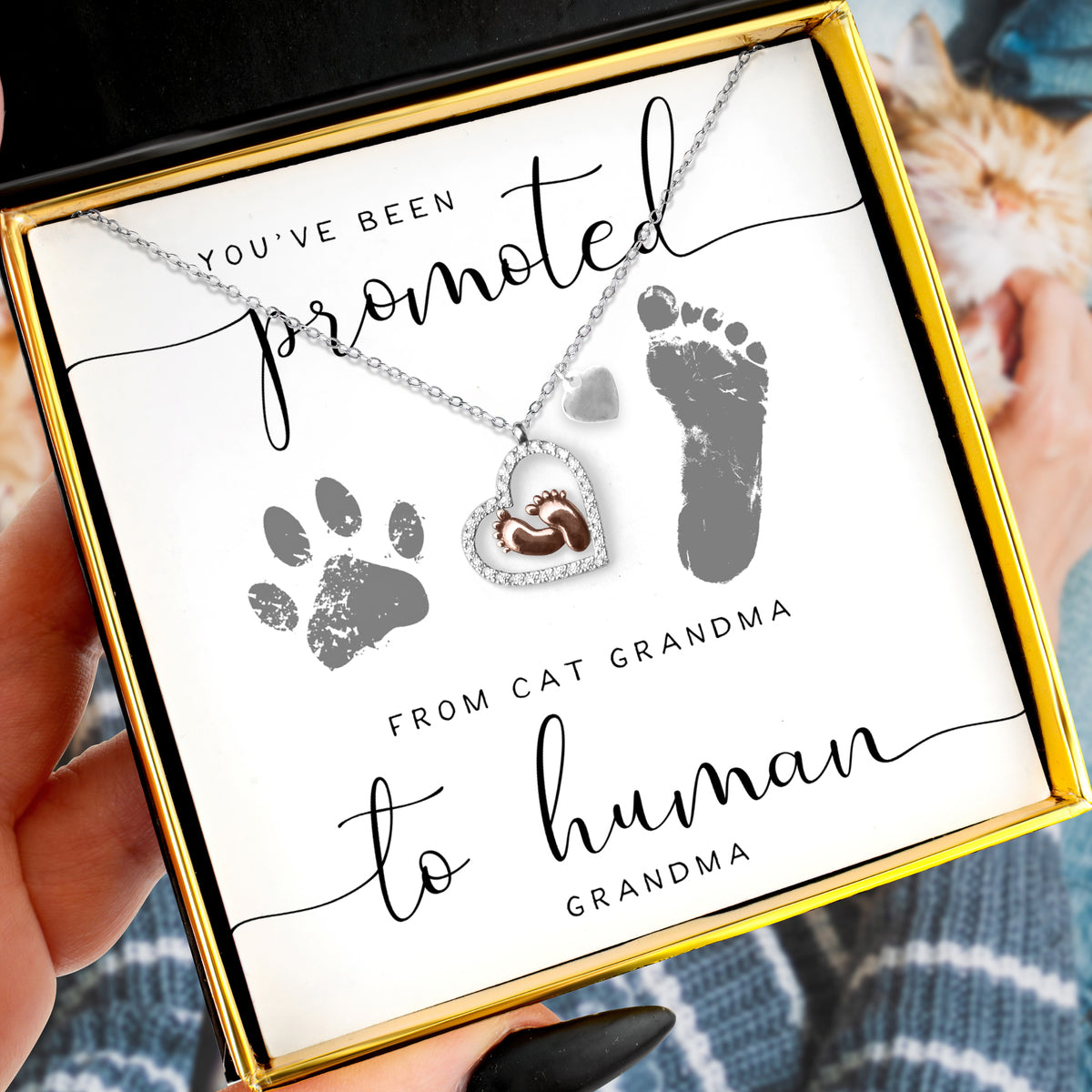 Promoted from Cat Grandma - Baby Feet Heart Necklace Gift Set