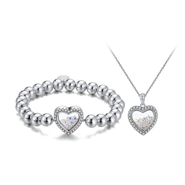 Shimmering Heart Crystal Shaker Bracelet and Necklace Set
