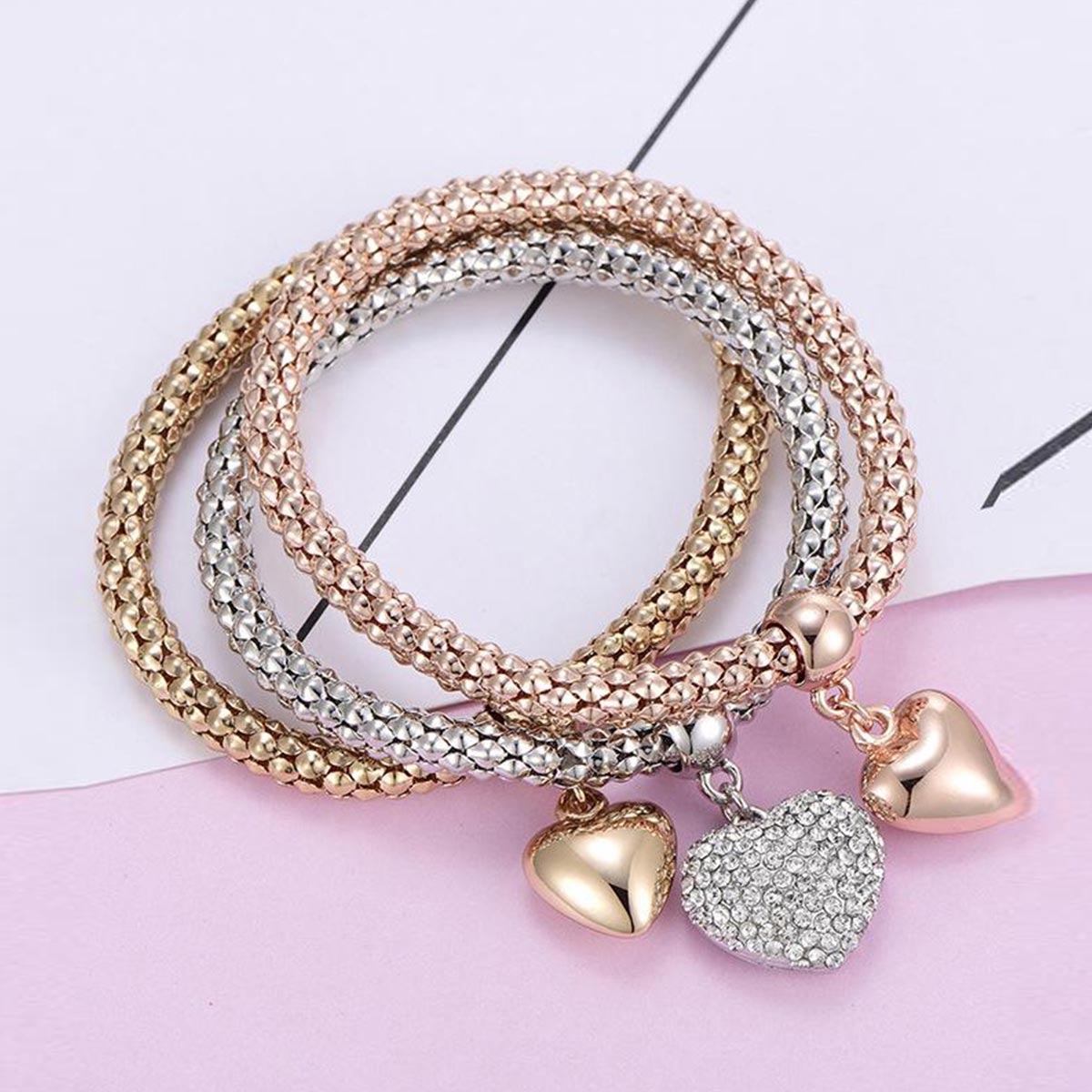 3 Sets of Solid Hearts Charm Bracelet Set