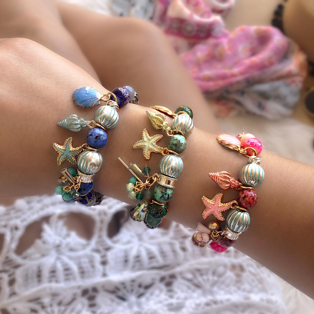 Seaside Summer Beaded Bracelet (Pink, Blue & Green)